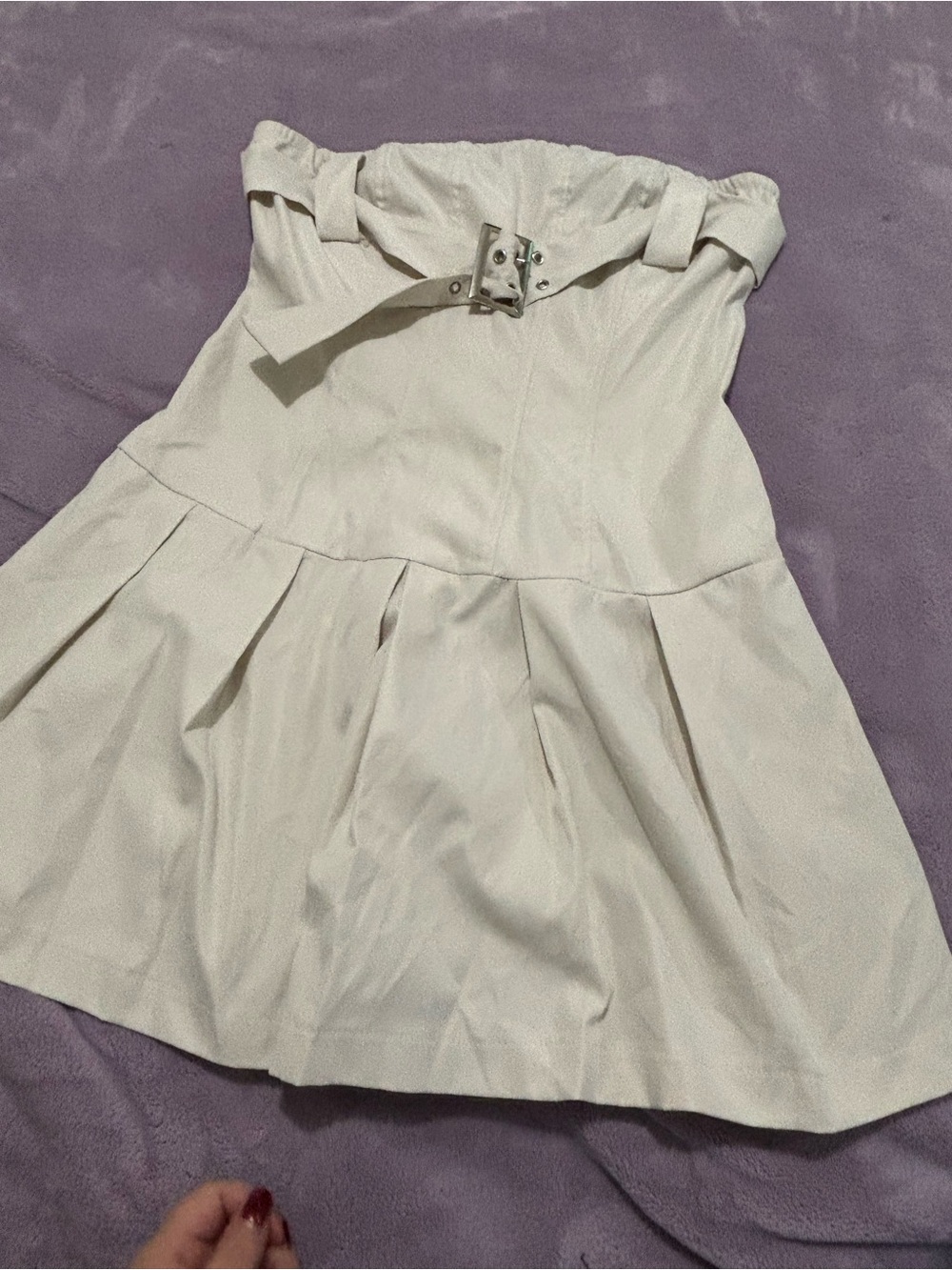 SHEIN Cream Strapless Belted Pleated Mini Dress